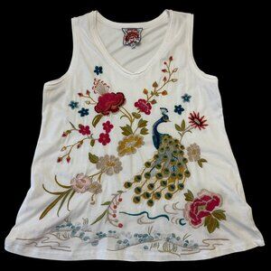 Johnny Was Celina Peacock Embroidered V-Neck Sleeveless Top Size M White Boho
